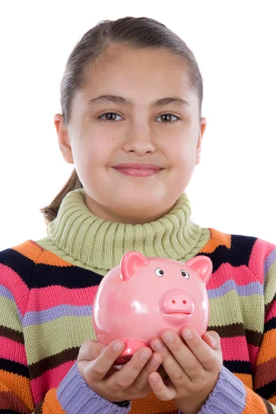 Adorable chica con caja de dinero —  Fotos de Stock