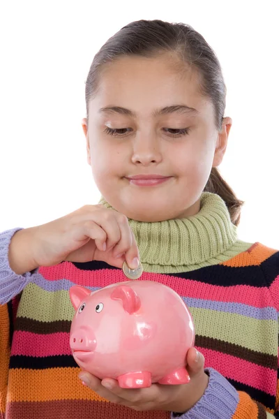 Menina adorável com caixa de dinheiro — Fotografia de Stock