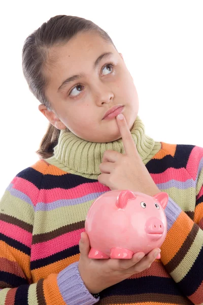 Αξιολάτρευτο κορίτσι με moneybox σκέψης — Φωτογραφία Αρχείου