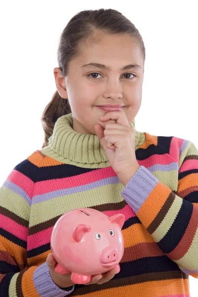 Adorable girl with moneybox thinking — Stock Photo, Image