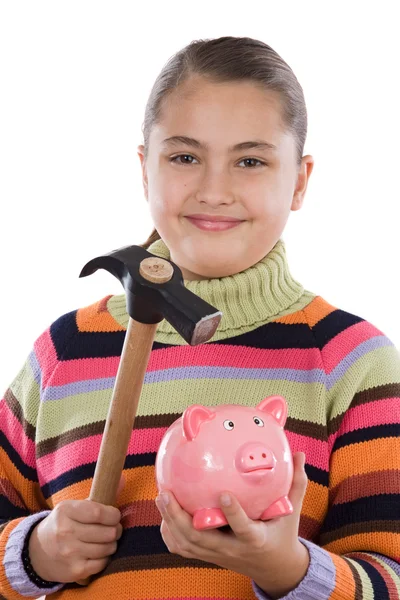 Menina adorável com caixa de dinheiro e martelo — Fotografia de Stock