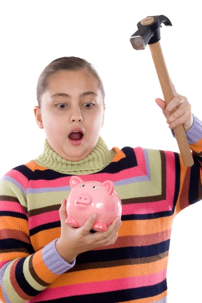Chica sorprendida con caja de dinero y martillo —  Fotos de Stock