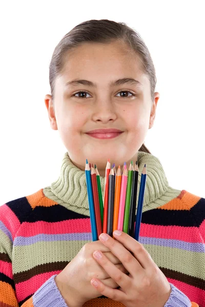 可爱女孩与许多蜡笔的颜色 — 图库照片