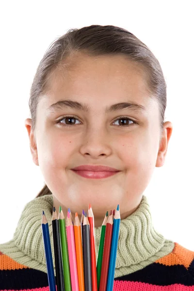 Menina adorável com muitos lápis de cor — Fotografia de Stock