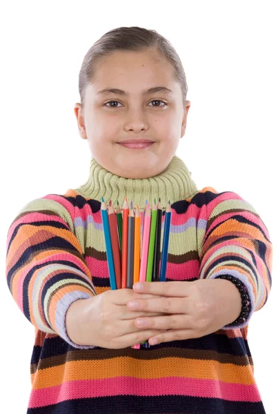 Roztomilá dívka s mnoha pastelky barev — Stock fotografie