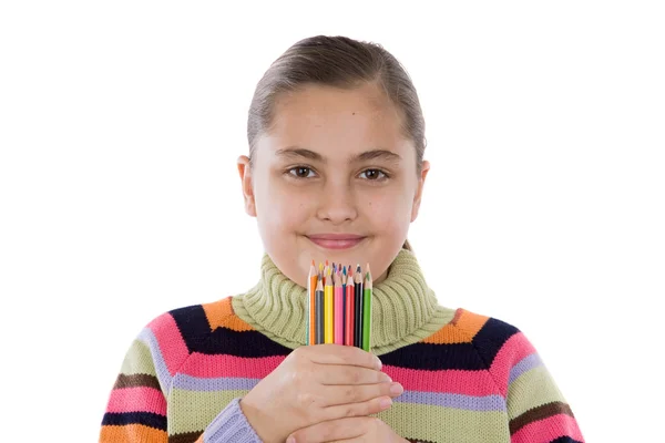 Roztomilá dívka s mnoha pastelky barev — Stock fotografie