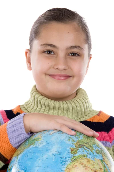 Menina adorável com um globo do mundo — Fotografia de Stock