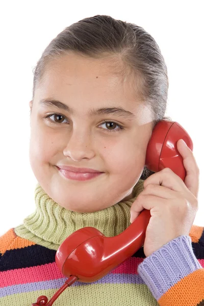 Beautiful girl with red telephone — Stock Photo, Image