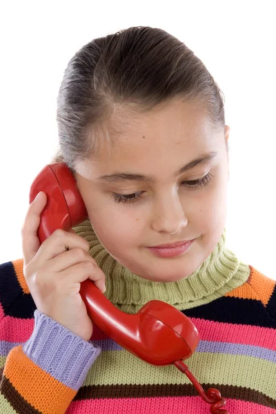 Όμορφο κορίτσι με το κόκκινο τηλέφωνο — Φωτογραφία Αρχείου