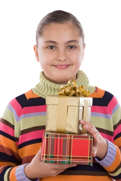 Mooi meisje met geschenken voor verjaardag — Stockfoto