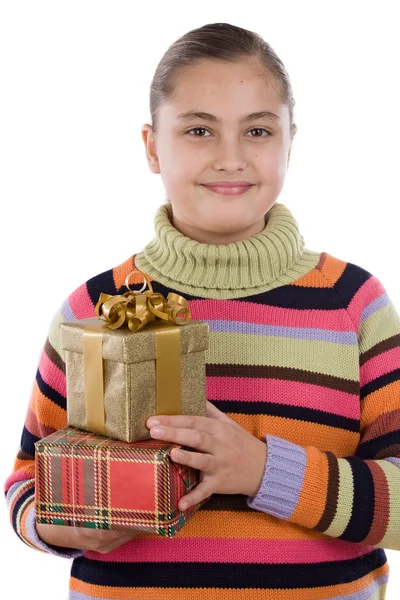 Mooi meisje met geschenken voor verjaardag — Stockfoto