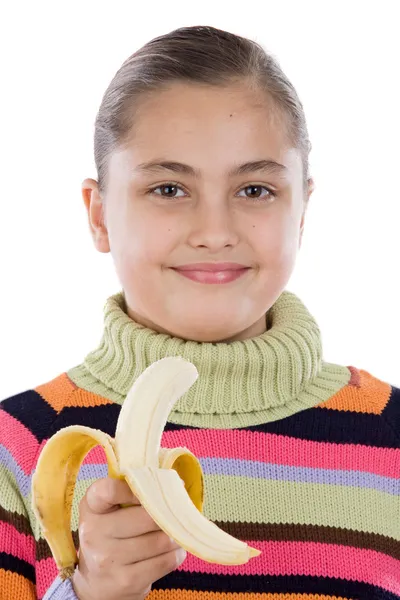 Süßes Mädchen mit einer geschälten Banane — Stockfoto