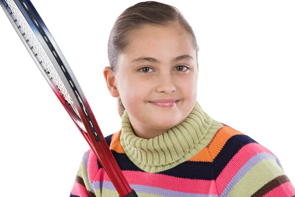 Menina estudante adorável com raquete de tênis — Fotografia de Stock