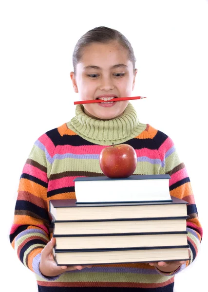 Upptagen student tjej med många böcker — Stockfoto