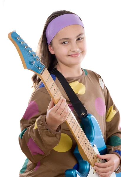 Дівчина мода біла електрична гітара — стокове фото