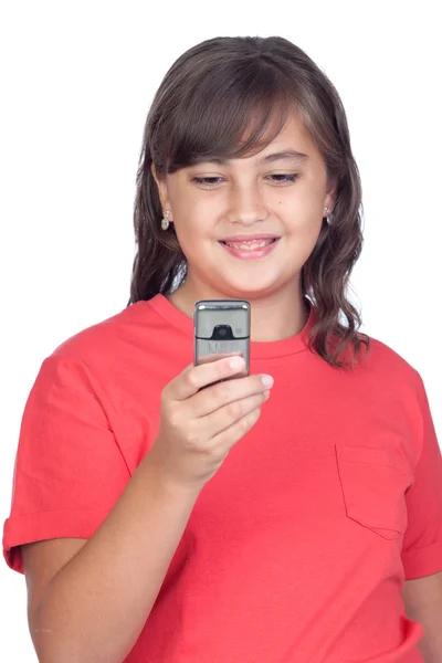Bedårande preteen tjej med en mobil — Stockfoto