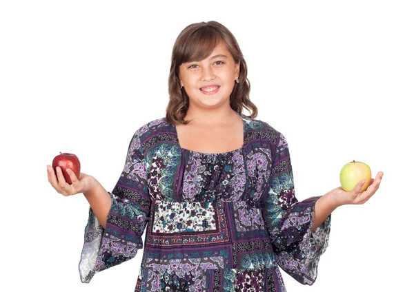 Adorable niña preadolescente con dos manzanas diferentes —  Fotos de Stock