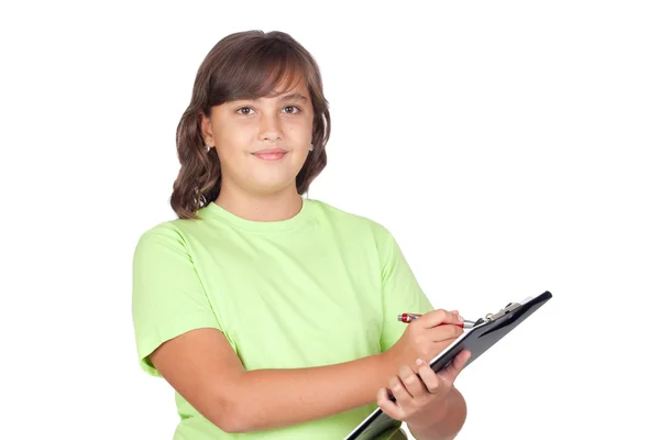 Красивая девочка-подросток, пишущая на планшете — стоковое фото