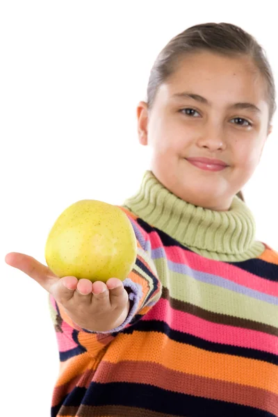 Cute girl with a apple. Focus on apple and DOF — Stock Photo, Image