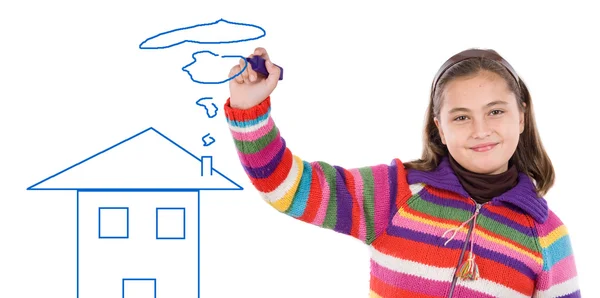 Bedårande flicka ritar ett hus — Stockfoto