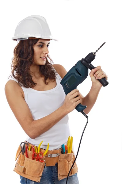 Chica joven con herramientas para la construcción — Foto de Stock
