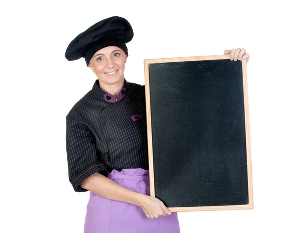 Bella donna cuoca con lavagna — Foto Stock