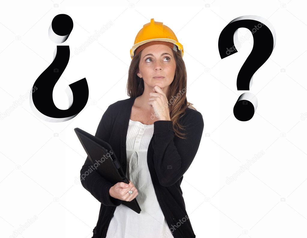 Young engineer with pensive face and security helmet