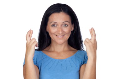 Woman crossing their fingers as sign of luck clipart