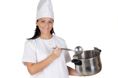 chica linda cook probar una comida