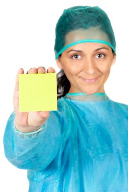 Happy doctor with post-in in the hand clipart