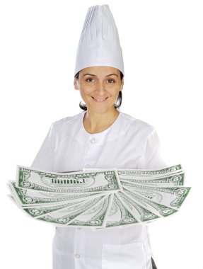 Attractive cook woman saving money in its purchases and meals clipart