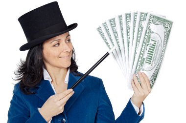 Attractive business woman with a magic wand and hat making appea clipart