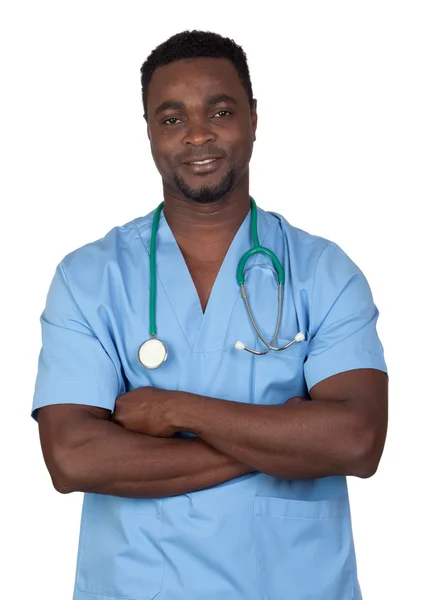 Médico afro-americano com uniforme azul — Fotografia de Stock