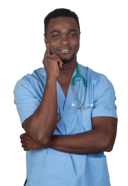 African american doctor with blue uniform thinking — Stock Photo, Image