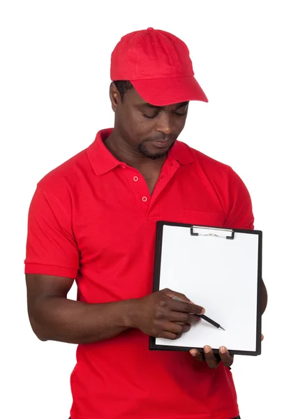 Werknemer courier met rode uniform — Stockfoto