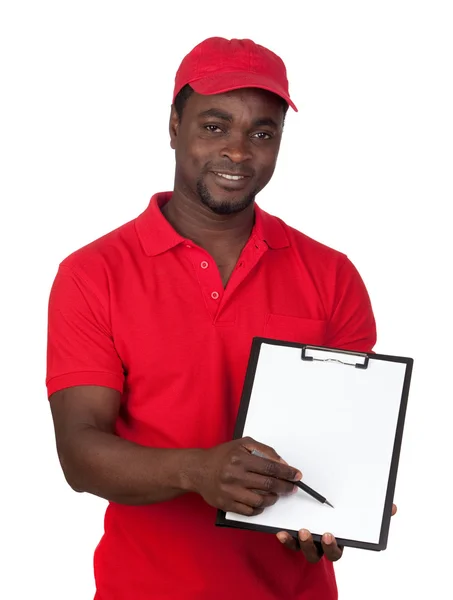 Εργαζόμενος courier με κόκκινη στολή — Φωτογραφία Αρχείου