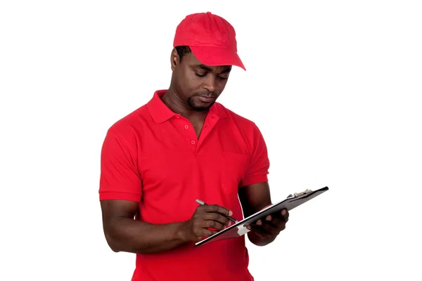 Werknemer courier met rode uniform — Stockfoto