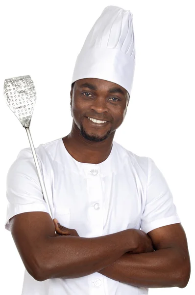 Africano cozinheiro bonito com utensílios de cozinha — Fotografia de Stock
