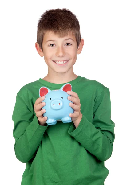 Rozkošný chlapec s modrá Pokladnička — Stock fotografie