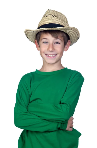 Красивий хлопчик з солом'яним капелюхом — стокове фото