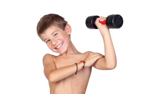 Chudy chłopiec pokazano jego mięśnie — Zdjęcie stockowe