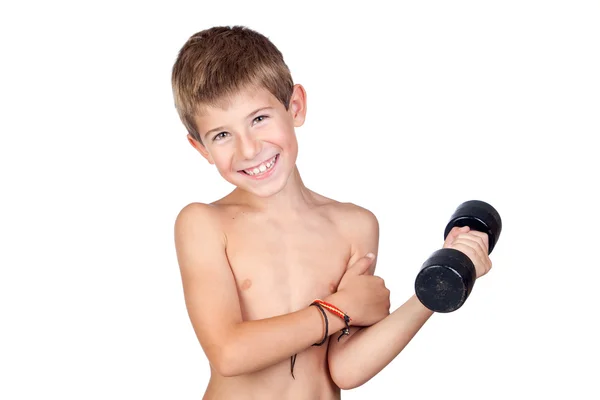 Тонкий хлопчик показує свої м'язи — стокове фото