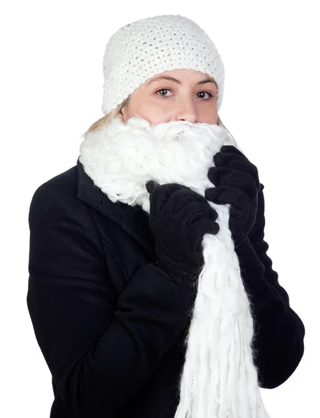 Mujer rubia con una bufanda blanca — Foto de Stock