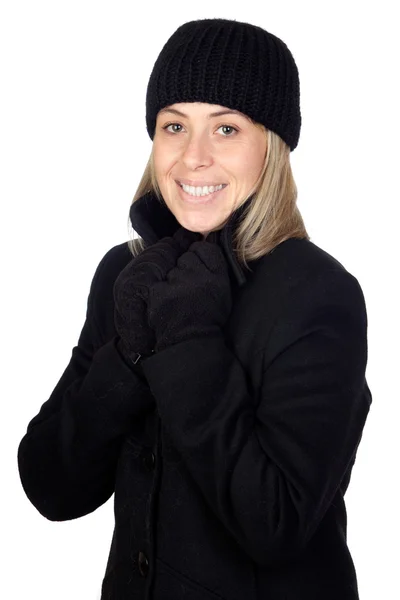 Femme blonde avec un manteau noir — Photo