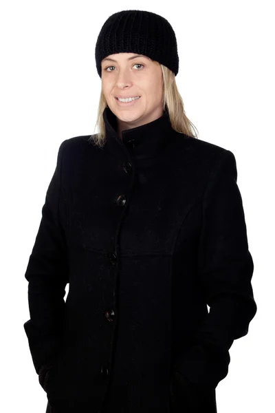 Ξανθιά γυναίκα με ένα μαύρο παλτό — Φωτογραφία Αρχείου