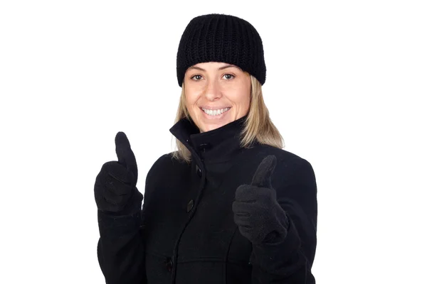 [ok] を言っている黒いコートを持つブロンドの女性 — ストック写真