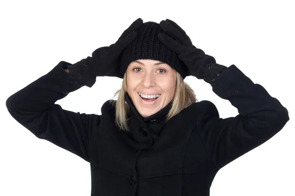 Meglepett asszony egy fekete kabát — Stock Fotó