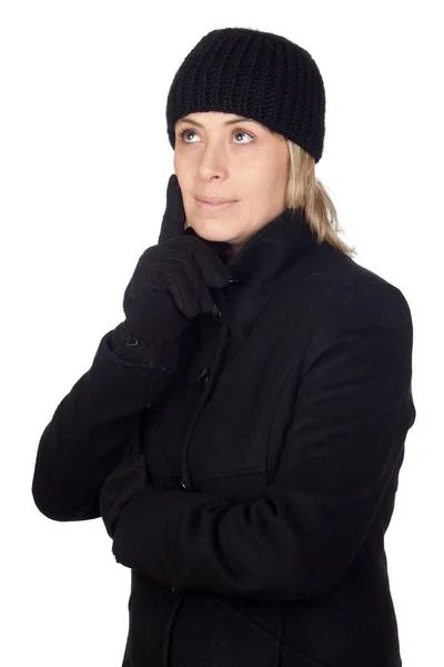 Femme pensive avec un manteau noir — Photo