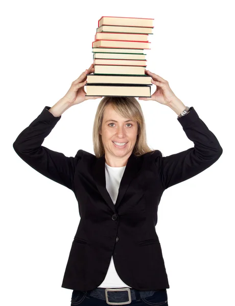 Femme d'affaires blonde avec de nombreux livres — Photo