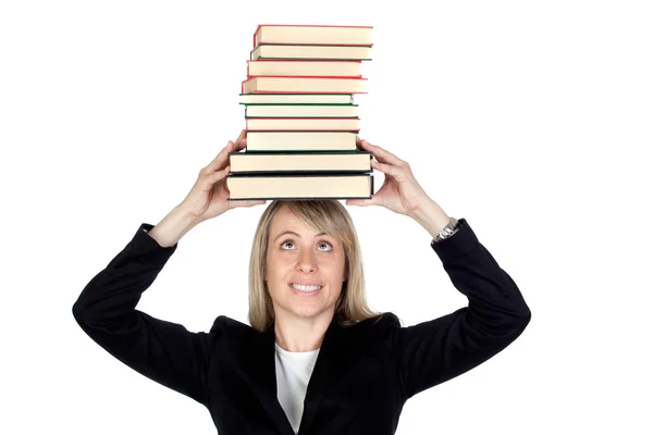 Donna d'affari bionda con molti libri — Foto Stock